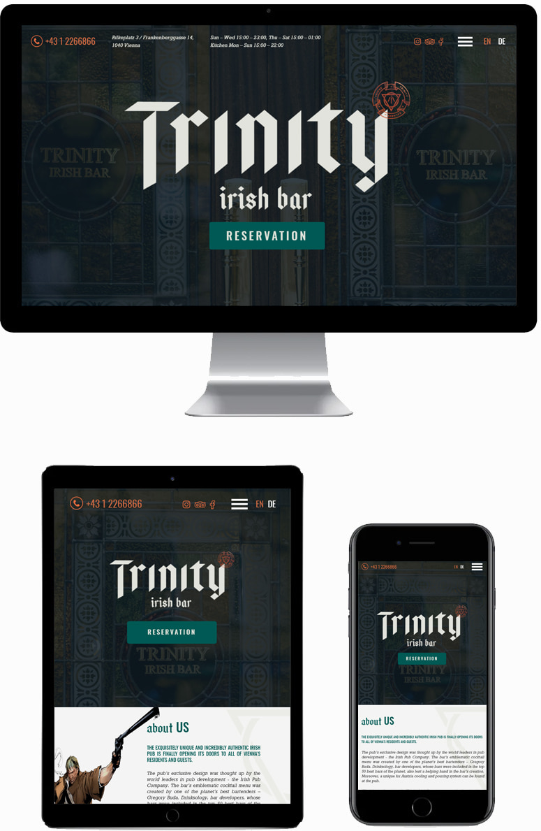 Webové stránky pro irskou hospodu Trinity Irish Bar ve Vídni