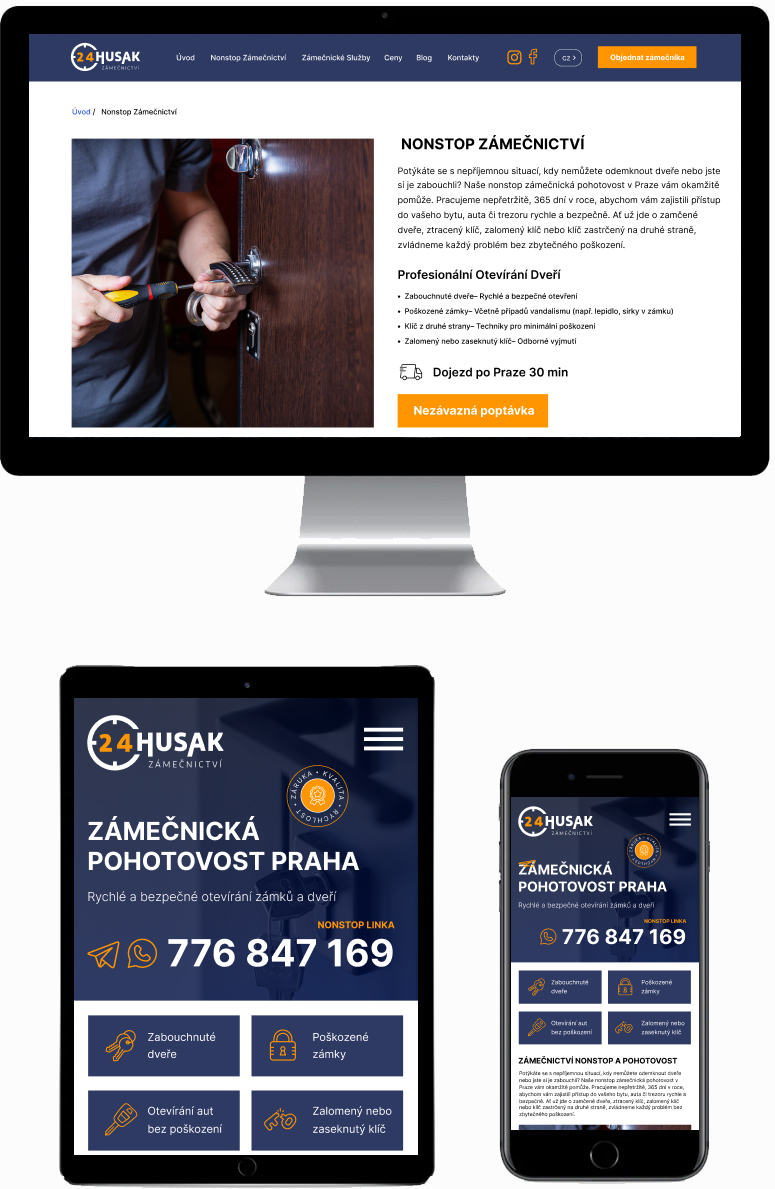 Firemní webové stránky pro poskytující služby otevírání zámků Husak ZÁMEČNICTVÍ
